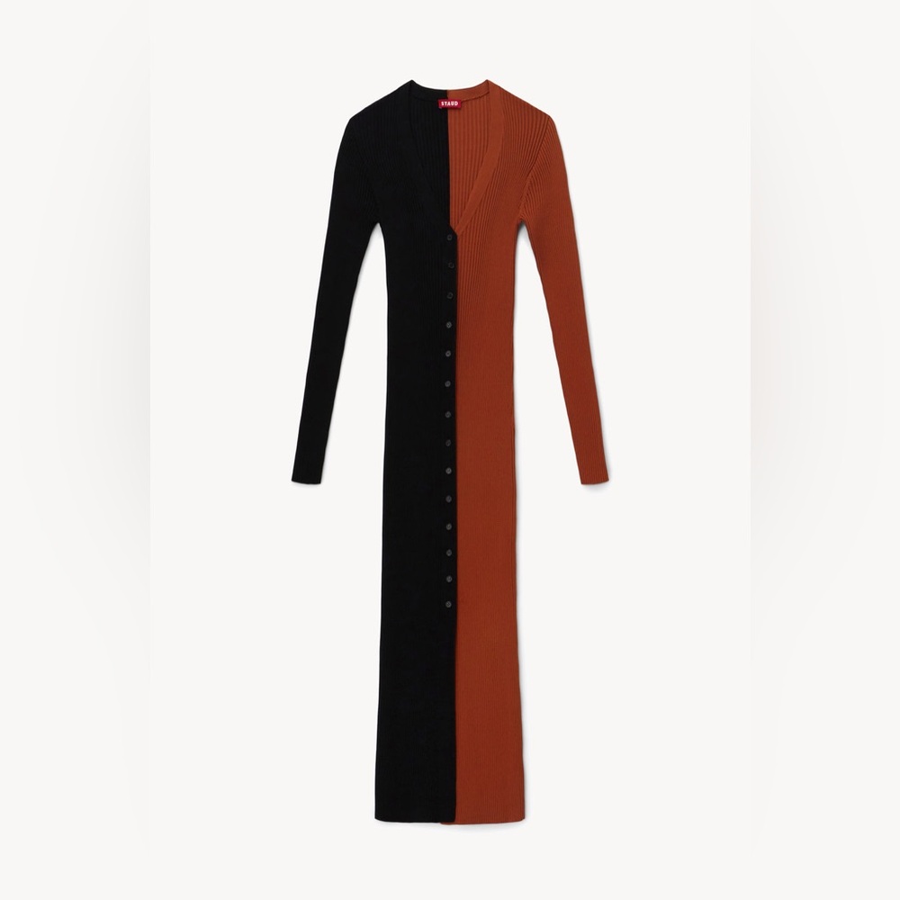 STAUD SHOKO COLORBLOCK RIB KNIT DRESS IN TAN AND BLACK SIZE S - Picture 5 of 8